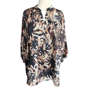 Cocomo Woman Sheer Lined Print Roll Tab Sleeve V-neck Blouse Top Women's 2X